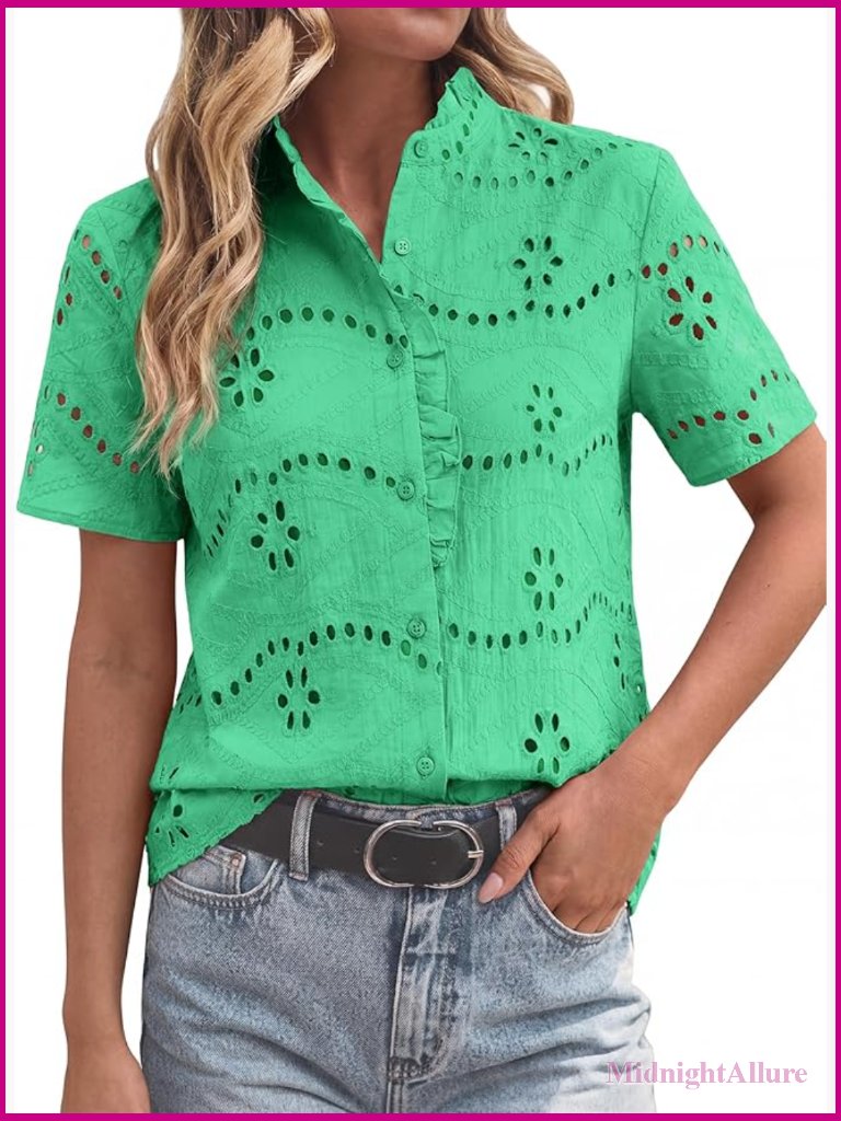 Womens Short Sleeve Lace Eyelet Ruffle Blouse Button Down Shirt Cotton